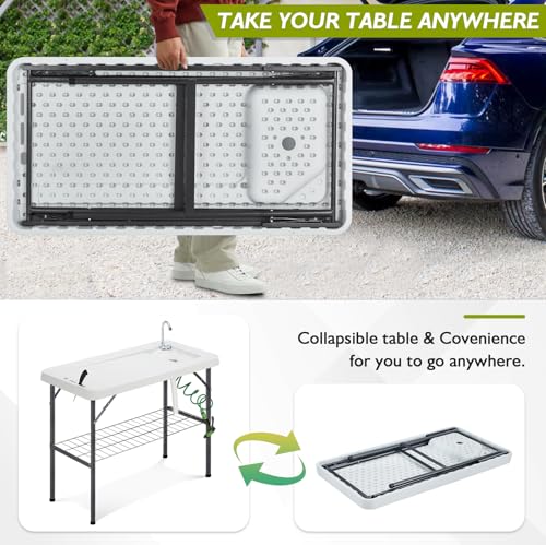Folding Fish Cleaning Table Portable Camping Sink with Faucet Drainage Hose & Sprayer Outdoor Fillet Station Grid Rack Knife Groove for Picnic Fishing, Black - style: A Sink-Black