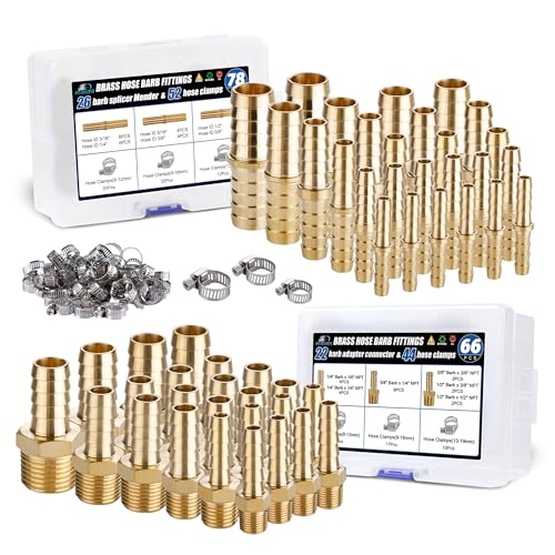 48PCS Brass Hose Barb Fittings,Barb Splicer Mender 3/16" 1/4" 5/16" 3/8" 1/2" 5/8" and Male Thread Adapter 3/8" Barbed to 1/4" NPT, 1/4" Barbed to 1/4" NPT Male with 96Pcs Pipe Hose Clamps - size: 48pcs barb splicer & barb adapter