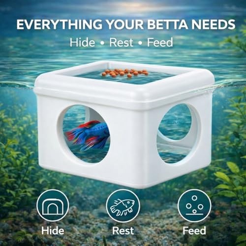 White Floating Betta Hideout with Round Side Holes – 3D Floating Breeding Box & Resting Cave with Window – Feeding Platform, Fish Shelter & Hammock for Betta, Guppies, Nano Tanks & Small Aquariums - color: C: White