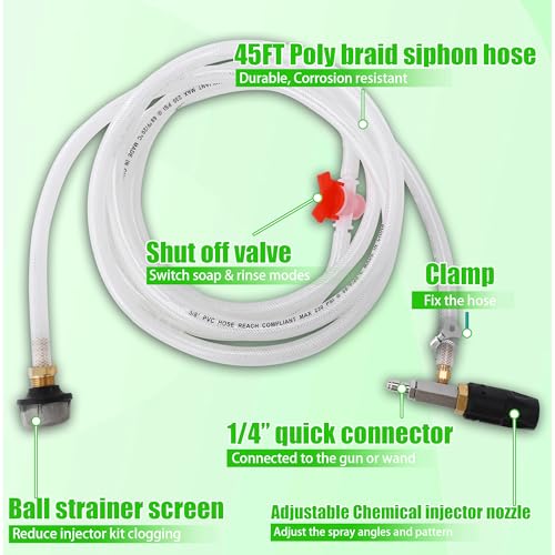 JOEJET Downstream Injector for Pressure Washer, Adjustable Chemical Injector Kit, Variable Power Washer Long Range Nozzle External Injection, 45 FT Siphon Hose, 4-4.5 GPM - size: 45 FT, style: 4-4.5 Gallons