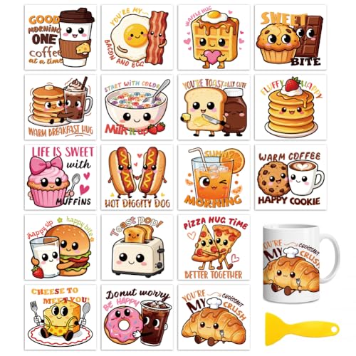 Peacoblue 18 Sheets Rub on Transfers for Crafts, Cute Breakfast Food 3.6"x3.9" UV DTF Cup Wraps Waterproof Cold Transfers Stickers for Wood Glass Metal Cup Tumblers Mirrors Mugs Home Decor - style: Cute Breakfast Food