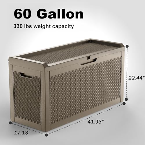 ROJIK Outdoor Storage Housing Deck Box,Waterproof Patio Furniture, Garden Tools, Cushions, Pool Accessories Storage Bench with Lockable Lid and Side Handles (Grey,60 Gallon) - color: Grey, size: 60 Gallon