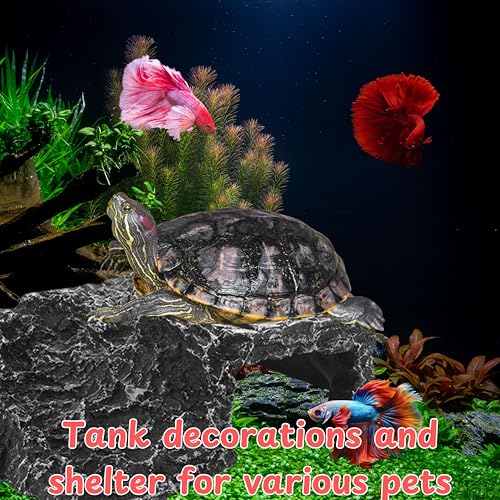 Axolotl Hide with Fish Feeding Dish Set, Axolotl Hideout for Aquariums, Bowl and Aquarium Hides for Axolotls Reptile Tortoise Fish, Hides for Tank, Turtle Tanks Decorations (Rock, M) - color: Rock
