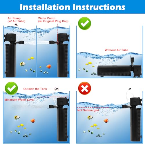 Aquarium U-V Filter 300GPH for Large 80-200 Gal Fish Tank Pond, Powerful Internal Submersible Pump Green Water Clean Killing Machine Air Supply Deodorization Keep Saltwater Freshwater Crystal Clear