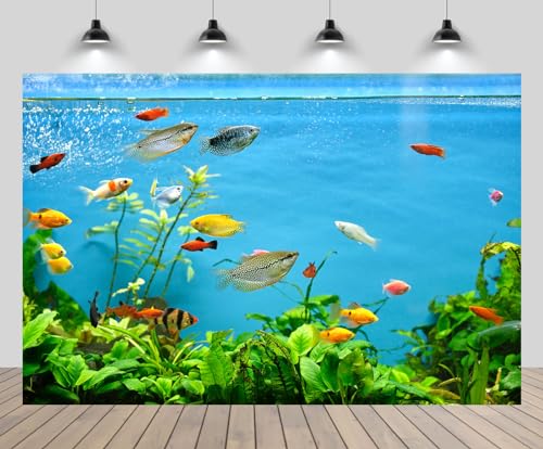 5x4ft Fish Tank Backdrop Aquarium Underwater Grass Leaves Aquatic Plant River Bed Lake Fish Background Diving Holiday Fishing Party Decoration Photo Props Wallpaper - size: 5x4FT
