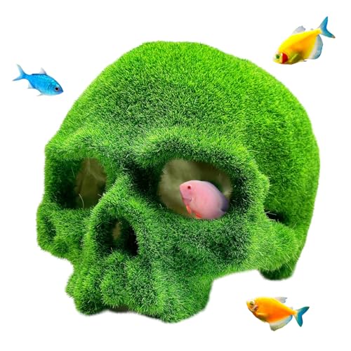 Tfwadmx Mossy Skull Aquarium Decor, Resin Fish Tank Decorations Shrimp Cave Aquarium Betta Fish Hiedout Reptile House for Small Fish