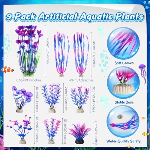 15 Pcs Fish Tank Decorations Mountain Ornament Broken Barrel Sunken Ship Artificial Seaweed Water Plants Colorful Coral Reef for Fish Bowl Aquarium Decor(Purple) - color: Purple