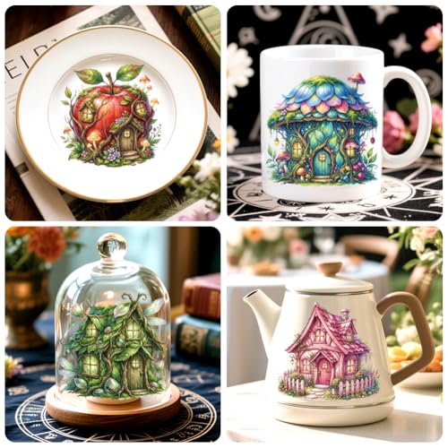 Peacoblue 18 Sheets Rub on Transfers for Crafts, Fairy House and Tale House 3.6"x3.9" UV DTF Cup Wraps Waterproof Cold Transfers Stickers for Wood Glass Metal Cup Tumblers Mirrors Mugs Home Decor - style: Fairy House and Fairy Tale House