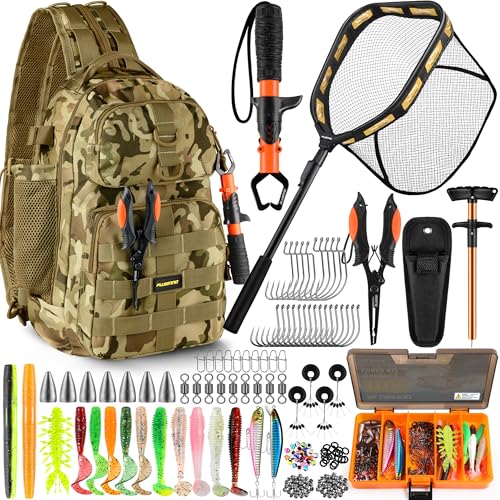 PLUSINNO Fishing Gear,Fishing Backpack with Floating Fishing Net,Tackle Boxes,Waterproof Fishing Tackle Bag,Fishing Gifts for Men - color: Khaki Camo Backpack With Fishing Net