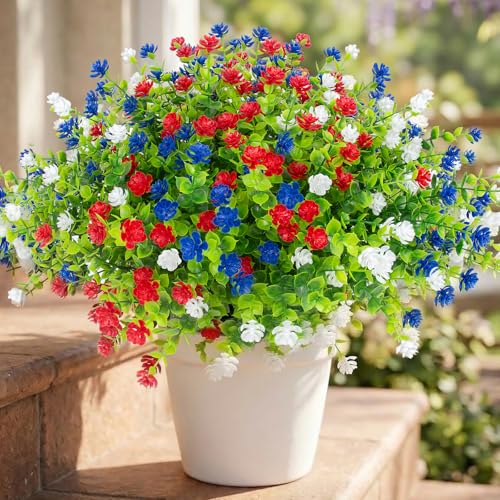 Hananona 12 Pcs Artificial Flowers Outdoor, Faux Artificial Plants UV Resistant Plastic Patriotic Flower Bulk for 4th of July Hanging Planter Porch Window Home Summer Decor 12, Red, White, Blue - color: Red, White, Blue