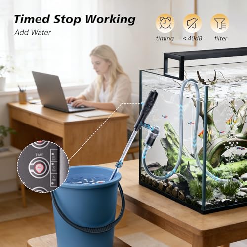 AKKEE Aquarium Vacuum Gravel Cleaner Handle Control, 8 in 1 Multifunctional 36W Electric Fish Tank Cleaner Vacuum for Automatic Water Change, Wash Sand, Water Circulation and Timed Off，Orange