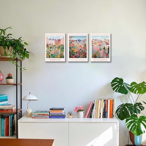 XLARTMY Flower Market Wall Art Prints Canvas Orange and Pink Floral Paintings Colorful Botanical Travel Flower Posters for Home Decor Pictures Set of 3 for Living Room Bedroom 12x16in - color: Flower Market ORange-2, size: 12x16in Canvas