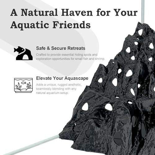 Rockery Cave, Aquarium Betta Fish Hideout Habitat Decor, Stable Resting Hiding Place for Cherry Shrimp, Dwarf Shrimp, Guppy and Small Fish (Black)