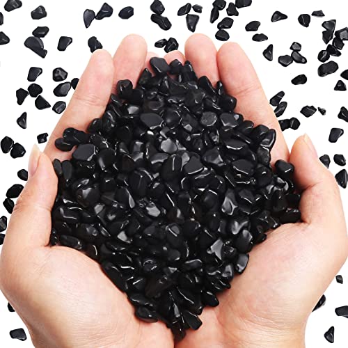 QICQDRAM Black Obsidian Tumbled Stone Chips 0.9 Lb/405g Natural Crystal Stone Decorative Pebbles for Home Decoration & Fish Turtle Tank, Vase Filler, Plants Decor - color: Obsidian