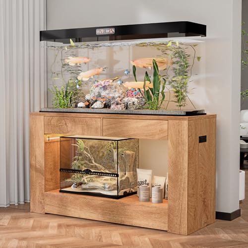 48" Aquarium Stand for 55–75/90 Gallon Tank,Heavy Duty Fish Tank Stand up to 1000 LBS,Aquarium Stand with Power Outlet & LED Light,2-Tier Turtle Reptile Tank Stand with Storage,Natural - color: Natural, size: For 55-75-90 gallon