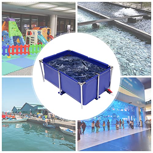 Canvas Fish Pond Aquarium Fish Water Tank, Koi Breeding Pond with Metal Frame and Drain Valve,Blue Cuboid Ornamental Swimming Pool Foldable Water Storage Above Ground Pond for Home