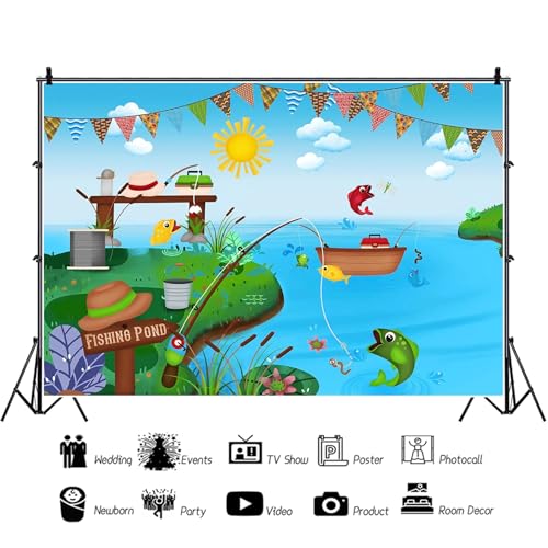 Renaiss 10x7ft Fishing Pond Backdrop for Photoshoot Boys Girls Kids Portrait Bunting Boat Fishes Green Bank Blue Sky Photography Background Baby Shower Newborn Birthday Party Decors Photo Studio Props - size: 10x7ft