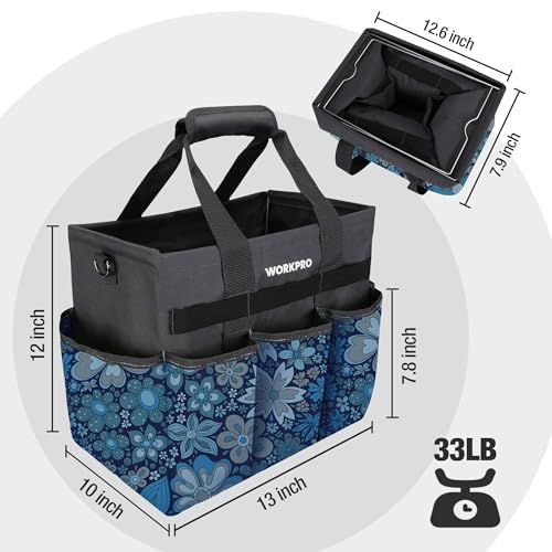 WORKPRO Garden Tool Bag Organizer, Heavy Duty Gardening Tote Bag with 10 Pockets and Long Adjustable Shoulder Strap, Standable Garden Home Tool Kits Organizer, Floral Blue (Tools are not Included) - color: Floral Blue
