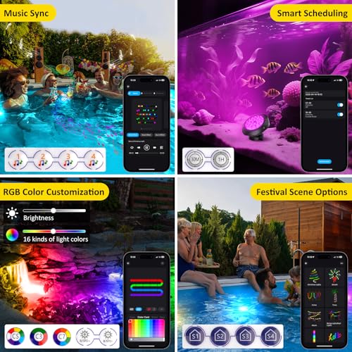 T-SUN Colored Pond Lights with APP and Remote Control – Bright LED Underwater Submersible Fountain Lights, IP68 Waterproof Landscape Spotlight for Garden Koi Pond Aquarium Fish Tank (Set of 6) - size: Set of 6
