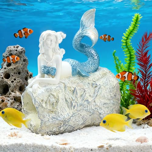 Teaeeno Faux Log Fish Cave Mermaid Statue Decor Predator Control and Decorative Shelter for Koi and Fish Ponds Aquariums and Terrariums Mermaid Decoration Sculpture - color: Blue