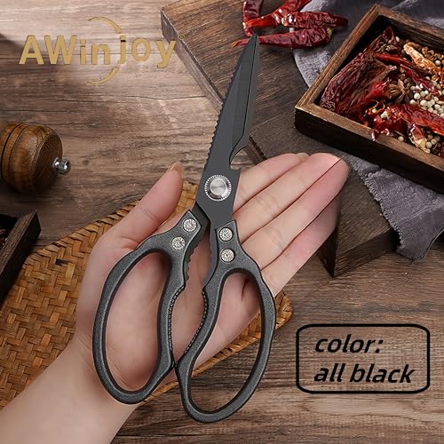 AWinjoy Heavy Duty Sharp Kitchen Scissors - Dishwasher Safe Black Cooking Shears for Meat, Chicken, Fish, Poultry, Herb, Bread (All Black) - color: All Black