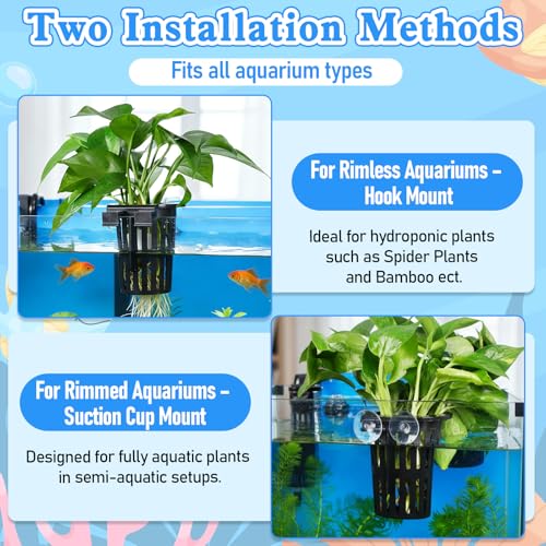 6 Pack Large Aquarium Plant Holder with Extension Hooks(3 Sizes) and Suction Cups, Aquatic Planter Cups Pots, for Fish Tank Aquaponic Cultivation