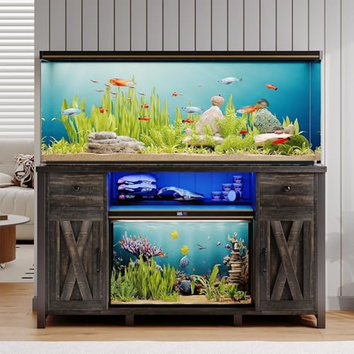 55-75 Gallon Fish Tank Stand with Power Outlet & LED Lights, Heavy Duty Aquarium Stand with Storage Drawers & Barn Doors, Reptile Tank Cabinet for Turtle, Reptile Terrarium, Dark Oak - color: Dark Oak