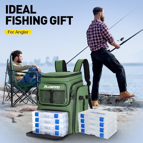 PLUSINNO Fishing Backpack with Rod Holders 4 Tackle Boxes, 42L Large Water-Resistant Fish Tackle Bag Store Fishing Gear, Camping, Hiking Gifts for Men Father, Green - color: Green With 4 Tackle Boxes