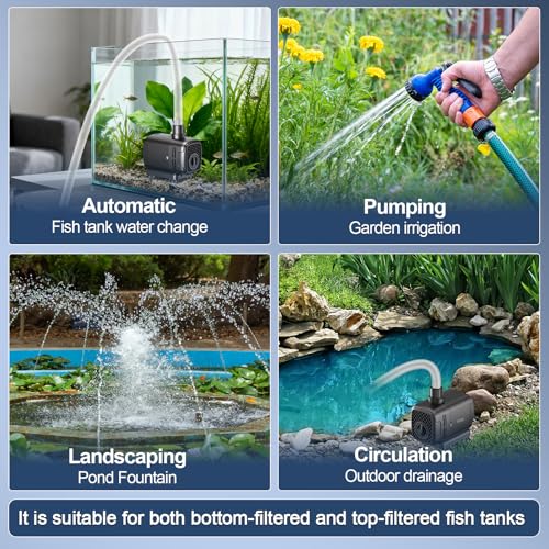 hygger 2-in-1 1585GPH Submersible Pump 105W,Side and Bottom Suction Fountain Water Pump with 15.8ft High Lift,Water Change with 4 Interchangeable Nozzles for Aquarium, Fish Tank, Hydroponics,Pond - size: 105W-15.7FT