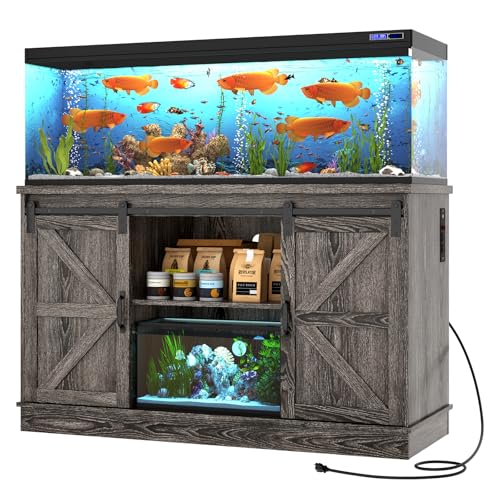 Hlivelood Farmhouse 55-75 Gallon Fish Tank Stand with Power Outlet, Aquarium Stand w/Cabinet&Sliding Barn Door, Heavy Duty Reptile Tank Stand for Fish/Turtle/Reptile Terrarium, 1000LB Capacity, Grey - color: Grey, size: 55-75 Gallon