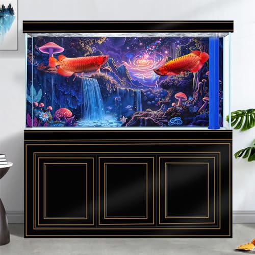 48" X 18" Galaxy Space Planet Aquarium Background, Waterfall Landscape Tapestry Fantasy Mountain Wave Wall Tapestry Mysterious Neon Plants Fish Tank with 10 EVA Double-Sided Tape - size: 48" X 18" （120X45 cm）