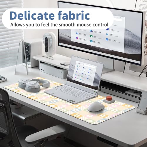 Cute Checkered Mouse Pad Large Desk Mat Extended Keyboard XL Mouse Pad Kawaii Mousepad with Non-Slip Base and Stitched Edge Daisy Mouse Mat Desk Pad 31.5 x 11.8 in Mouse Pads for Desk Home Office - color: Colorful Daisy Checkered