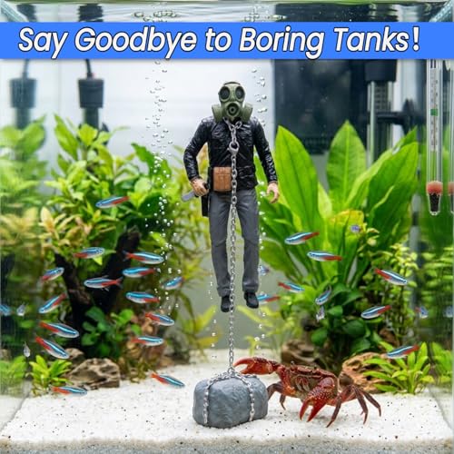 Floating Fish Tank Decoration- Chained Killer of The Deep, Survival Horror Action Figure with Detachable Gas Mask & Weapons - Resin Sinking Ornament with Stone Anchor, Cool DIY Aquarium Decoration