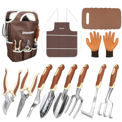 Brown Gardening Tools Set 12-Piece, Garden Hand Tool Kit with Non-Slip Ergonomic Handle, Storage Tote Bag, Garden Apron, Gloves and Kneeling Pad, Gardening Gifts for Women Men Plant Lover - style: Brown