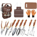 Brown Gardening Tools Set 12-Piece, Garden Hand Tool Kit with Non-Slip Ergonomic Handle, Storage Tote Bag, Garden Apron, Gloves and Kneeling Pad, Gardening Gifts for Women Men Plant Lover - style: Brown
