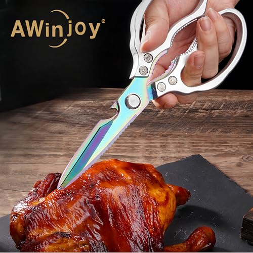 AWinjoy Heavy Duty Sharp Kitchen Scissors, Dishwasher Safe, Cooking Shears for Meat, Chicken, Fish, Poultry, Herb, Bread (Silver Color) - color: Silver Color