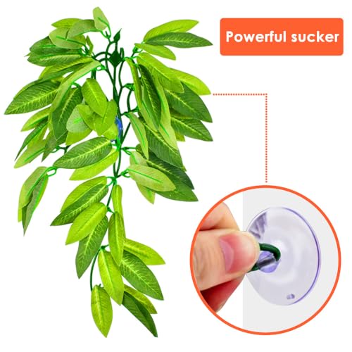KATUMO Reptile Plants, 3 PCS Amphibian Hanging Plants with Suction Cup for Lizards, Geckos, Bearded Dragons, Snake, Hermit Crab Tank Pets Habitat Decorations - color: Green+yellow