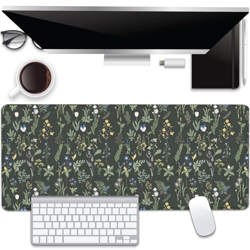 Green Plants Flowers Desk Pad Mouse Pad,Large Floral Mouse Mat with Stitched Edges,Non-Slip Rubber Base Elegant Mousepad for Office PC Keyboard Laptop and Home Work Desk Mat(27.5X11.8 in) - color: Green plants and white flowers