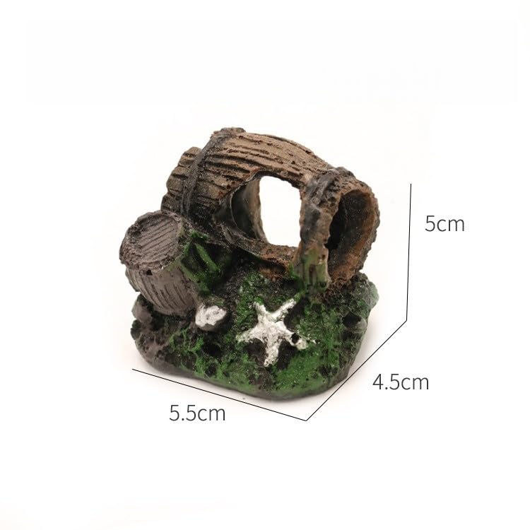 Resin Aquarium Decoration, Hollow Log Barrel with Starfish, 5.5 x 4.5 x 5 cm, Fish Tank Ornament
