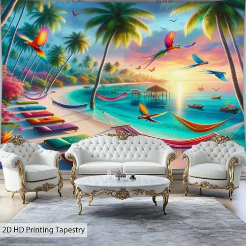 FENDROM Fantasy Colorful Ocean Beach Tapestry Wall Hanging Tropic Paradise Coconut Palm Tree Hawaiian Sea Wave Cool Seaside Sunset Waves Wall Decor For Dorm Bedroom Living Room - color: Colorful, size: 59"L x 51"W