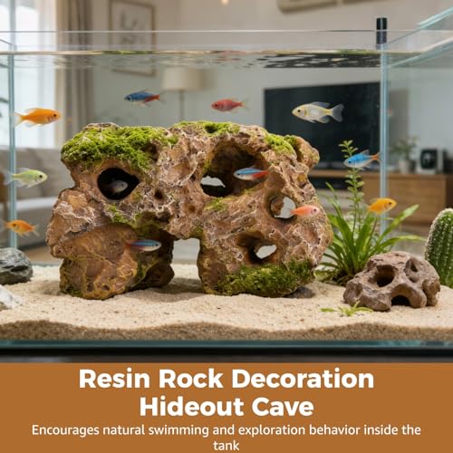 Homaisson Large Aquarium Decoration Hideout Cave, Resin Rock Mountain Fish Tank Ornament with Multiple Holes, Artificial Coral Style Aquarium Cave for Fish Shrimp and Aquatic Pets