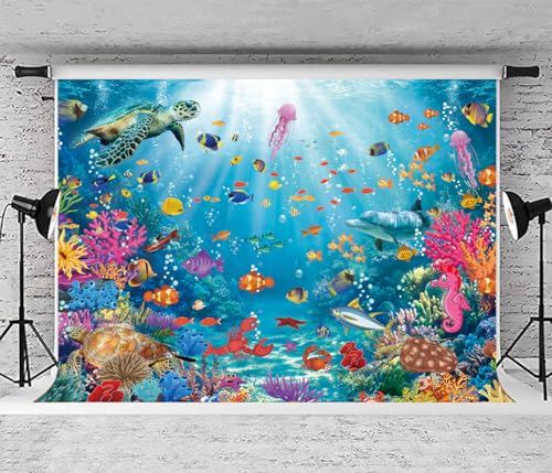Underwater Backdrop Aquarium Ocean Corals Tropical Fish Photography Background Ocean Theme Party Decorations for Kid Boy's Birthday Cake Table Photo Booth Props (7x5FT)