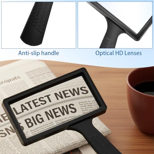 5X Rectangle Reading Magnifier, Large Magnifying Glass Scratch Resistant Glass Lens, Large Horizontal Viewing Area Magnifier for Observation Reading Hobbies Nature Exploration