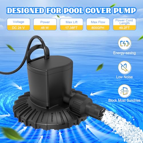Pool Cover Pump, 3000L/H Automatic On Off Swimming Pool Cover Pump with 2 Garden Hose Adapters, 23ft Drainage Hose, and 49ft Power Cord, Submersible Water Pump for Pool, Tubs, and Water Beds