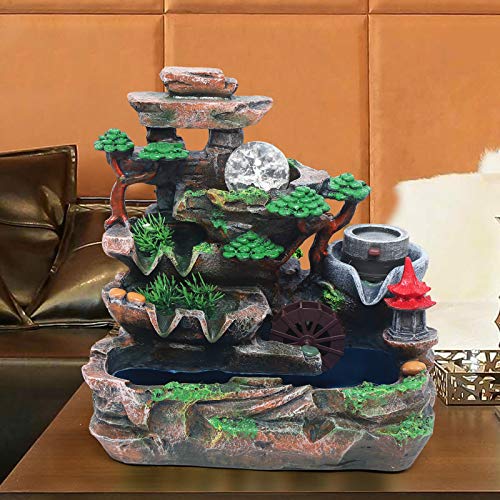 Tabletop Waterfall Fountain with Rockery, Mini Silent Indoor Ornament Desk Calming Water Fountain Desktop Simulation Resin with Atomizer LED Light for Office Bedroom Home Table Decor Multi-Layer - color: Style 3