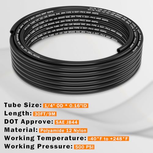 CheeMuii 30 FT 1/4 DOT Air Line 1/4" PA12 Nylon Pneumatic Tubing 9.1 Meter 1/4 Inch OD Pneumatic Air Tubing Pipe Hose Line for Semi Truck Trailer or Industrial Air System - color: Black, size: 1/4"OD-30FT
