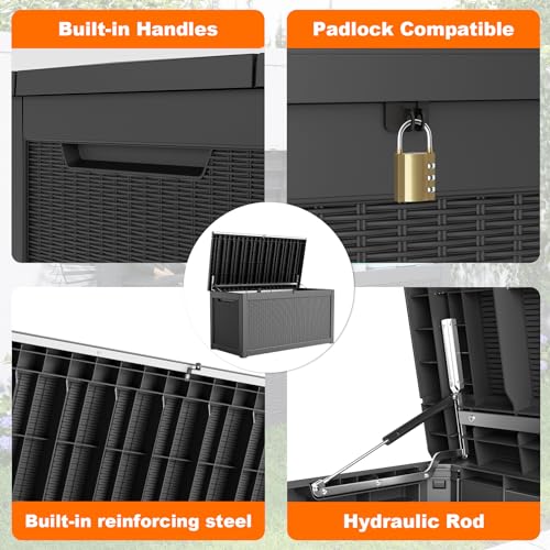 PatioZen 260 Gallon Resin Deck Box, Lockable Patio Outdoor Storage Box for Furniture, Garden Tools and Tools Storage, Waterproof Outside Storage Boxes - Black - color: Black, size: 260 Gallon