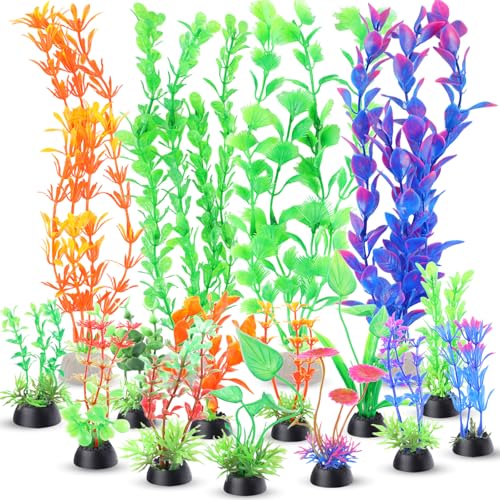 Aquarium Plants 16P, Plastic Fish Tank Plants, Different Types Artificial Decor Aquarium Artificial Plastic Plants, Turtle Goldfish Betta Fish Tank Decor Set, Fish Decor for Tank (Colorful)