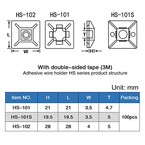 XHF 100 PCS 1.1" White Self Adhesive Cable Zip Tie Mounts Wire Cable Clips Holders Management Anchors Organizer Holders Squares(HS-102) - color: White, size: 1.1"-100pcs