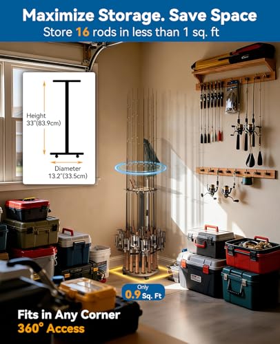 KEXMO Mobile Fishing Rod Holder Pole Rack for Garage, 360 Degree Lockable Wheels, Rigging Station, Heavy-Duty Steel Space-Saving Floor Stand, Holds 16 Combos, Fishing Gear Storage, Natural Wood Grain - color: Natural Wood Grain